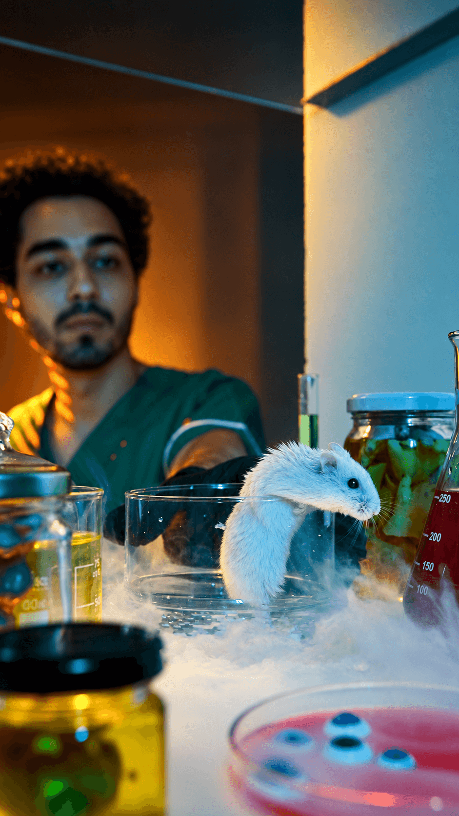 Samsung video 2: Baha Lajmi presenting in a colorful science laboratory