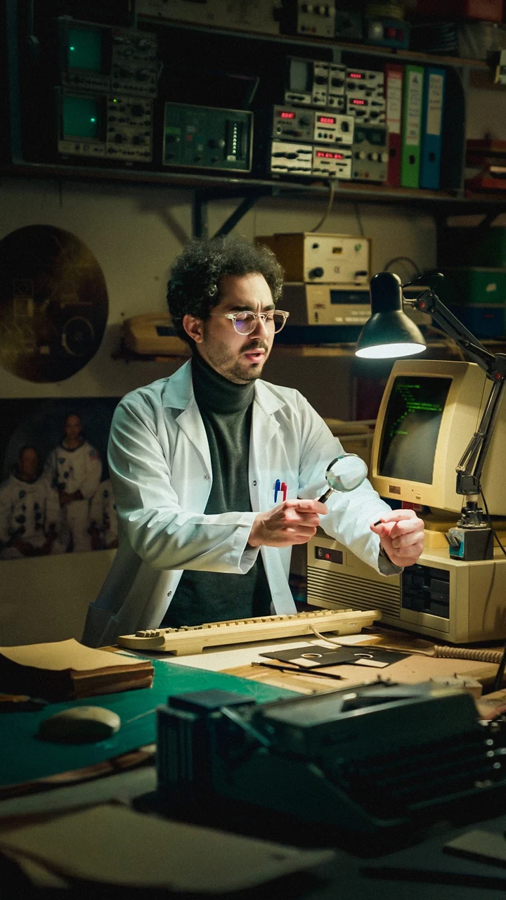 Samsung video 6: Baha Lajmi demonstrating technology at a retro computer workstation